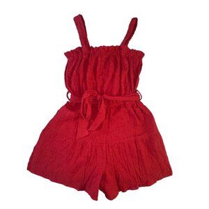 Dark Red Women's Rouched Romper With Belt Tie Pockets Small Davi & Dani